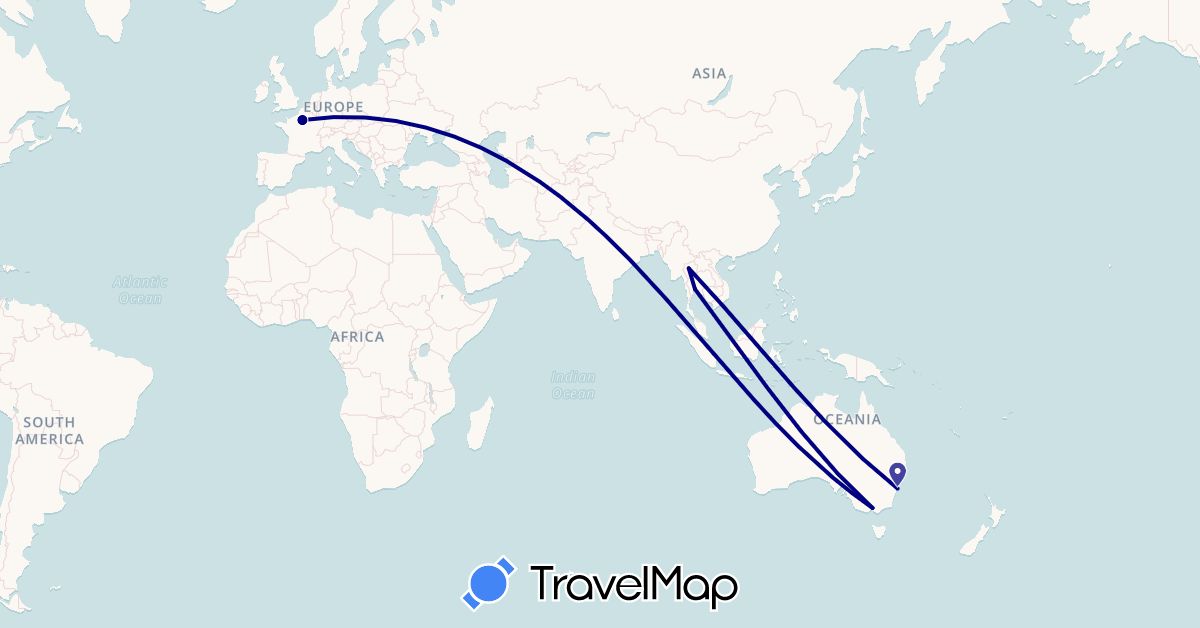 TravelMap itinerary: driving in Australia, France, Thailand (Asia, Europe, Oceania)